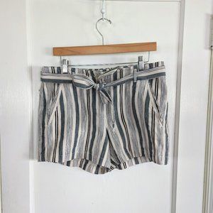 Loft Green Black Cream Striped Cotton Shorts w/ belted tie
